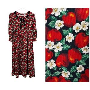 Vintage 80s 90s Leslie Lucks large Apple Print Textured maxi Dress Velvet Tie